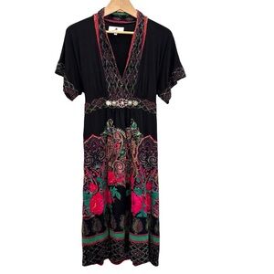 Ritu Kumar Mixed Print Floral Paisley Tie Back Short Sleeve Dress Boho Black M